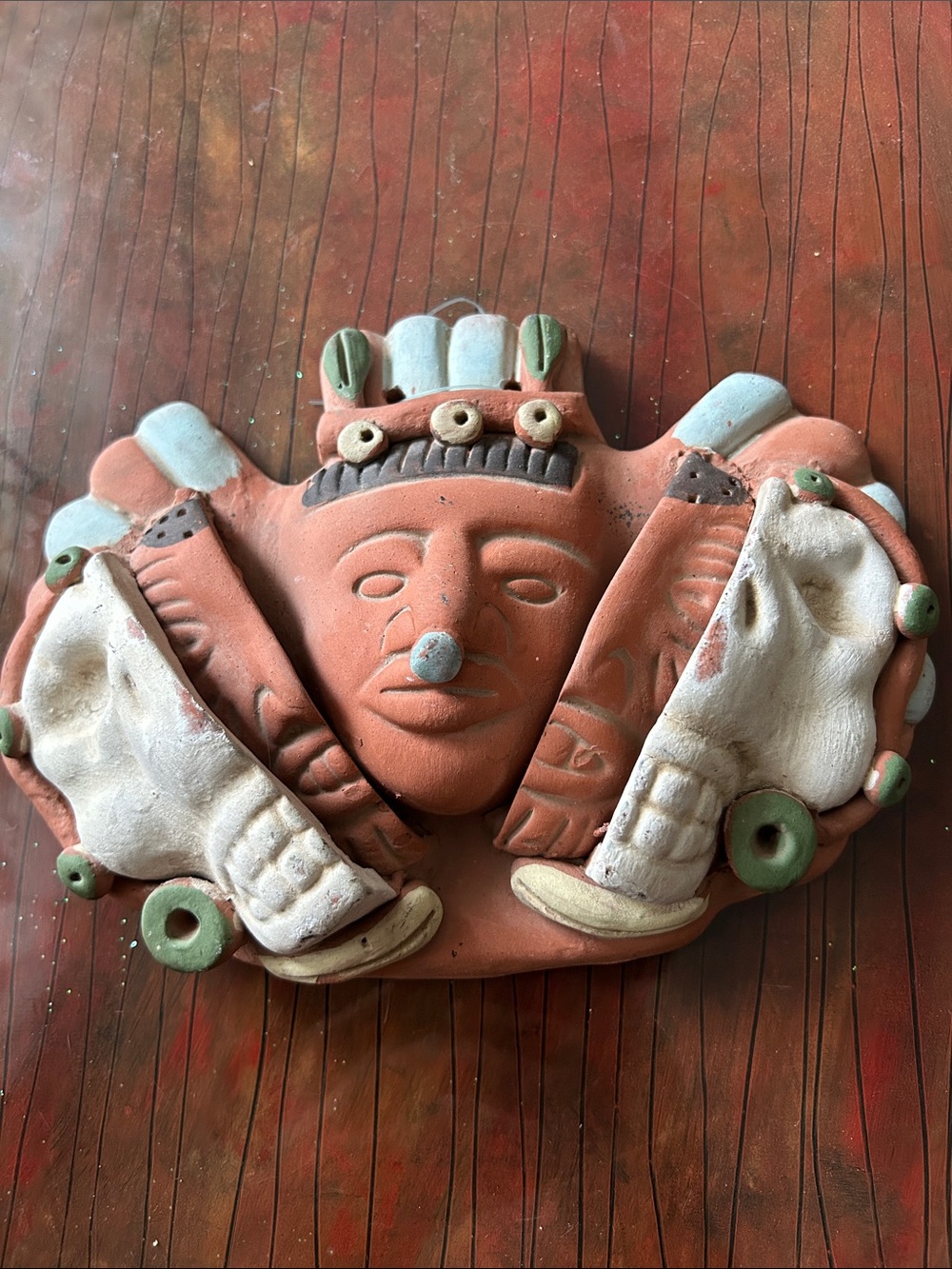 Terracotta Tribal Mask Wall Art - Red and White Decorative Sculpture